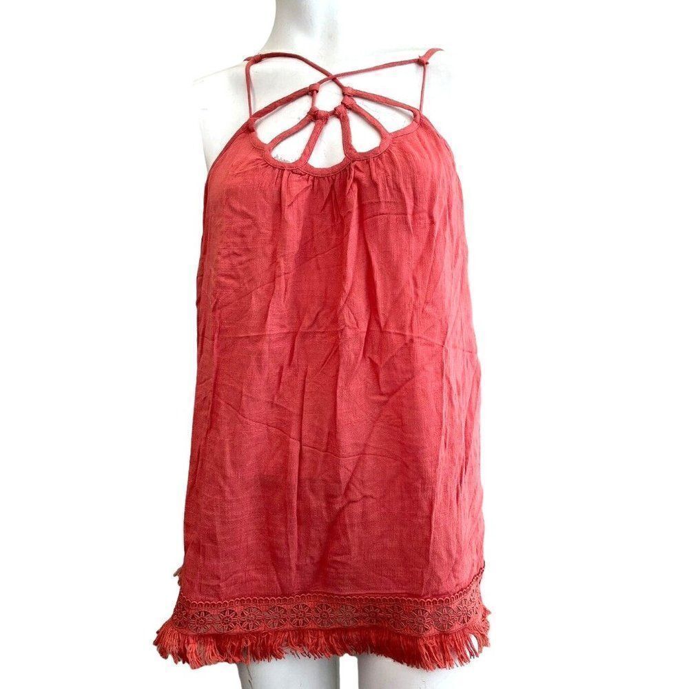 NWT Doe & Rae L Blouse Lace Top Sleeveless Pullover Fringe Hem Strappy Peach NWT